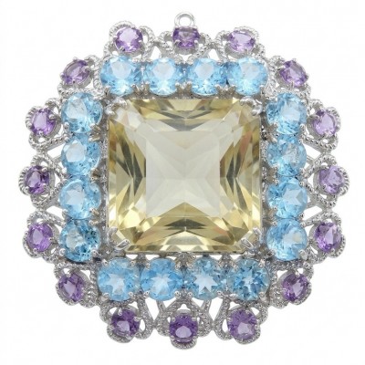 Serenity asscher cut 59.8 carat Champagne Smoky Topaz rhodium over .925 Sterling Silver MASSIVE Brooch Pendant