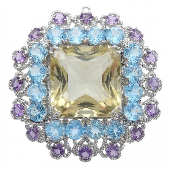 Serenity asscher cut 59.8 carat Champagne Smoky Topaz rhodium over .925 Sterling Silver MASSIVE Brooch Pendant - video