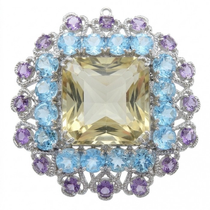 Serenity asscher cut 59.8 carat Champagne Smoky Topaz rhodium over .925 Sterling Silver MASSIVE Brooch Pendant