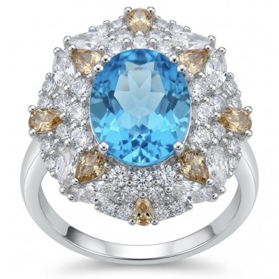Ocean Blue 8.2 carat Swiss Blue Topaz .925 Silver handcrafted Cocktail Ring s. 9