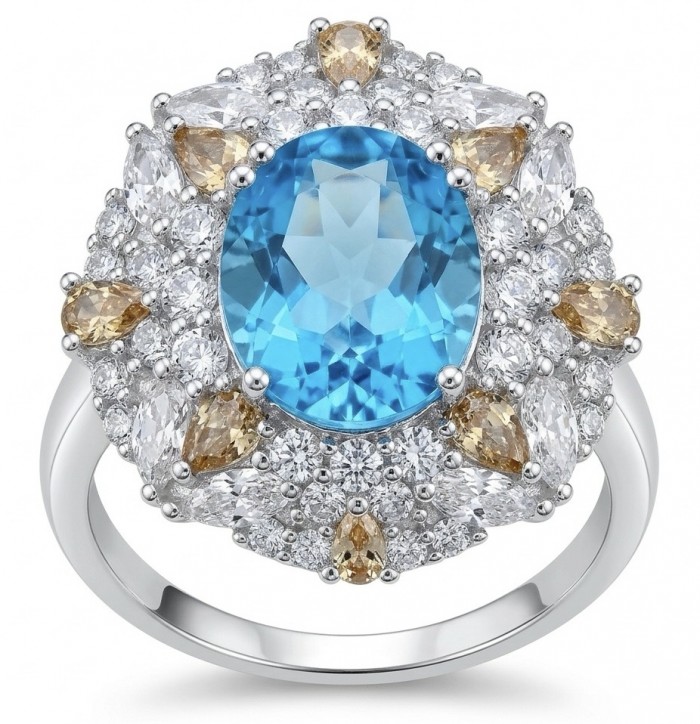 Ocean Blue 8.2 carat Swiss Blue Topaz .925 Silver handcrafted Cocktail Ring s. 9