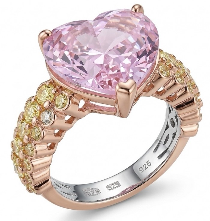 Angel's Heart 10.2 carat Pink Sapphire .925 Sterling Silver dipped in Rhodium plated with 18k Rose Gold Handcrafted Statement Ring size 6 3/4