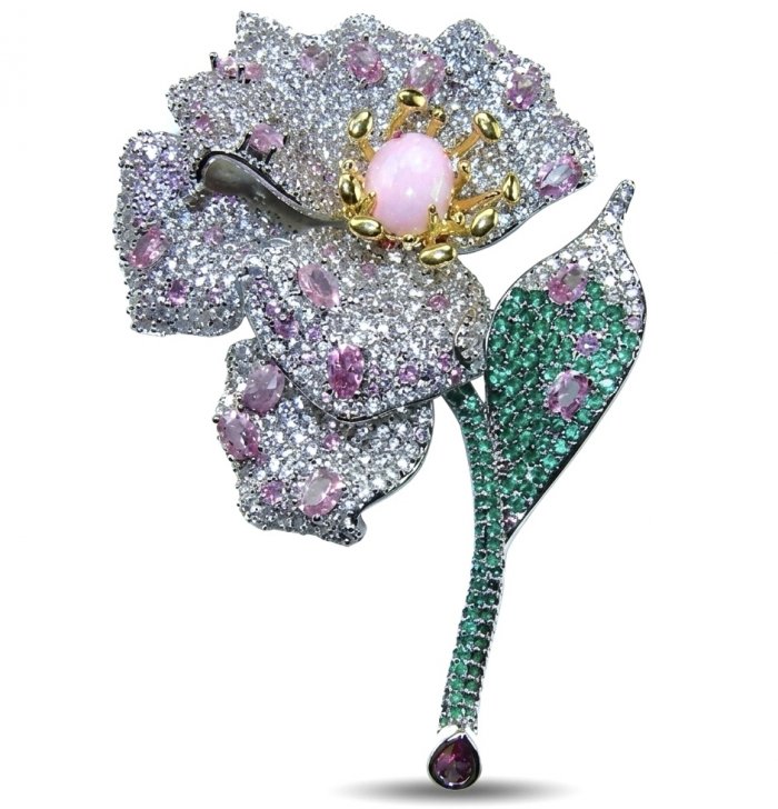 Majestic Design Exotic Flower Natural 6.2 carat Australian Pink Opal 4.2 carat Kunzite .925 Sterling Silver handmade Pendant Brooch - video