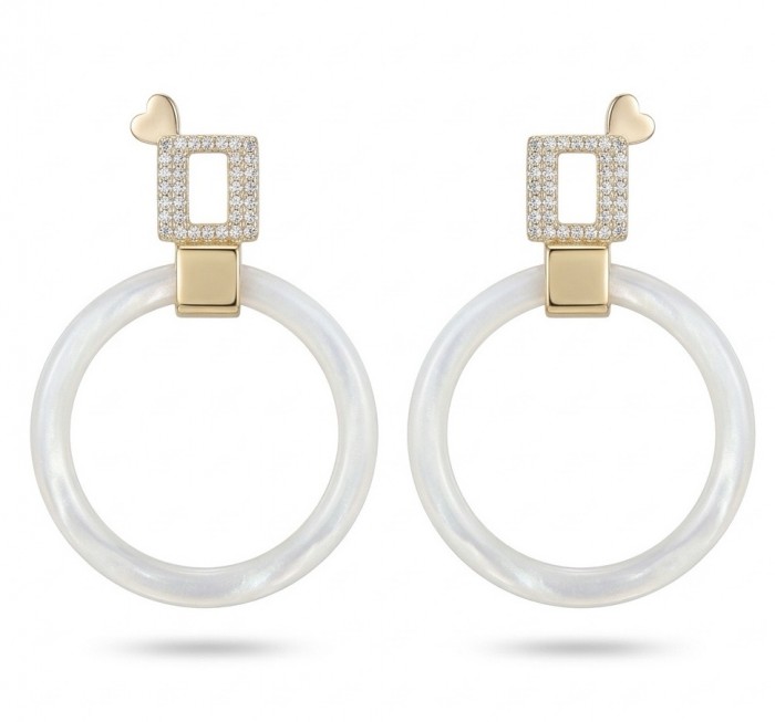 Genuine Blister Pearl lab grown Diamond 18K Gold over .925 Sterling Silver handcrafted Statement Earrings