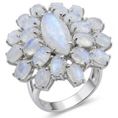 Large Blue Cascade 29.5 carat Rainbow Moonstone rhodium over .925 Sterling Silver handmade ring s. 6