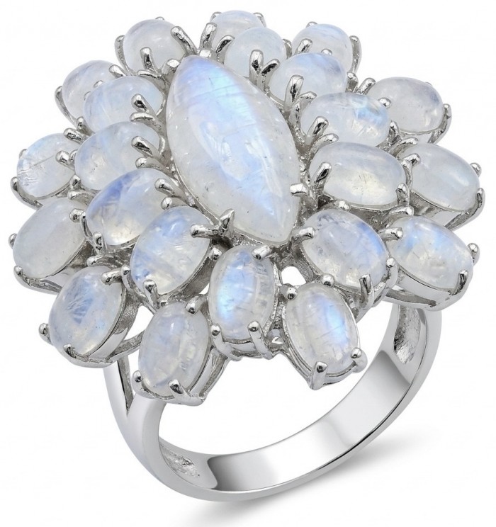 Large Blue Cascade 29.5 carat Rainbow Moonstone rhodium over .925 Sterling Silver handmade ring s. 6