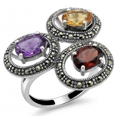 Vintage style Authentic 7.4 carat Multigem .925 Sterling Silver brilliantly handcrafted Statement Ring size 9