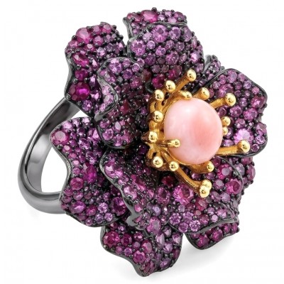 Rose Authentic 4.2.5 carat Pin Opal 7.9 carat pave Kasmir Ruby .925 Sterling Silver brilliantly dipped in black rhodium 2 tones handcrafted Statement ring; s. 6