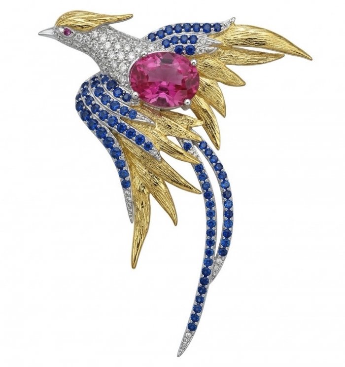 Colorful Precious Exotic Bird 5.2 Ruby 1.8 carat pave Sapphire 2 tones .925 Sterling Silver Pendant Brooch - video