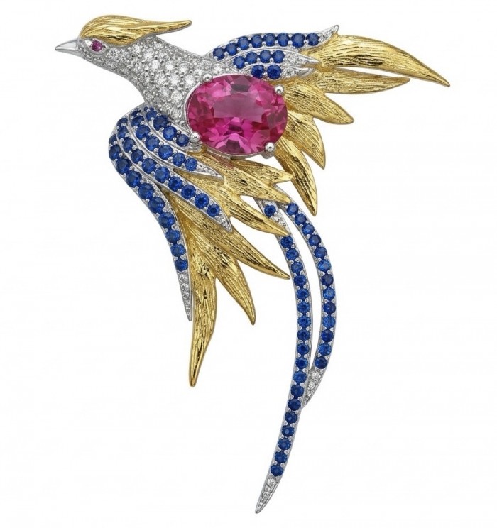 Colorful Precious Exotic Bird 5.2 Ruby 1.8 carat pave Sapphire 2 tones .925 Sterling Silver Pendant Brooch