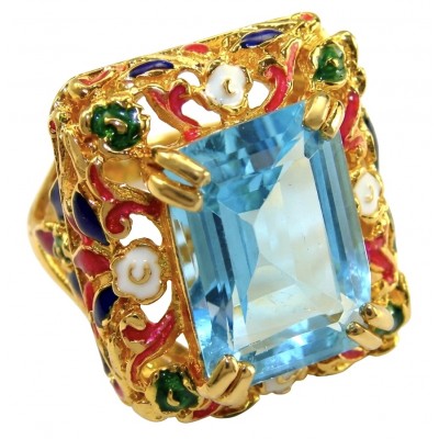 Nirvana Natural Fancy baquette cut 15.8 carat Swiss Blue Topaz .925 Sterling Silver dipped in 22K Gold handmade Statement Ring size 7