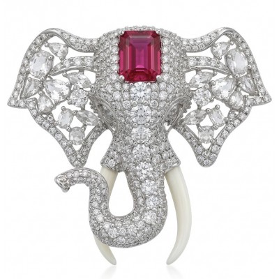 Attract YOUR Luck - ELEPHANT- 5.2 CARAT Ruby .925 Sterling Silver dipped in rhodium handcrafted Pendant Brooch