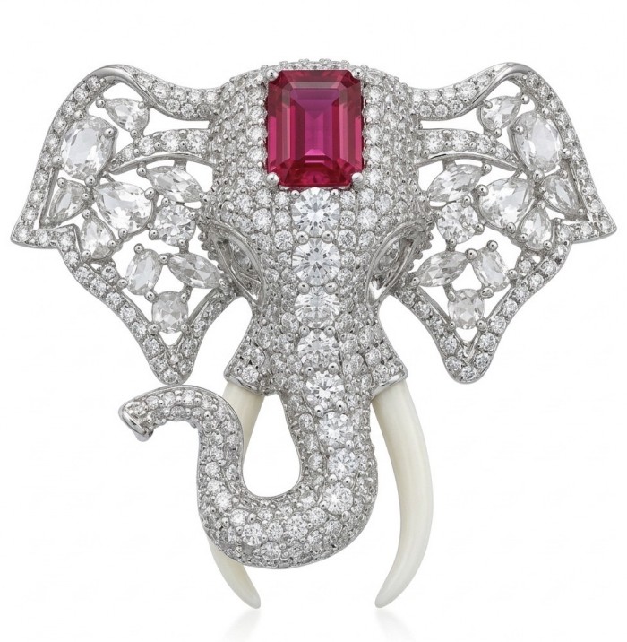 Attract YOUR Luck - ELEPHANT- 5.2 CARAT Ruby .925 Sterling Silver dipped in rhodium handcrafted Pendant Brooch