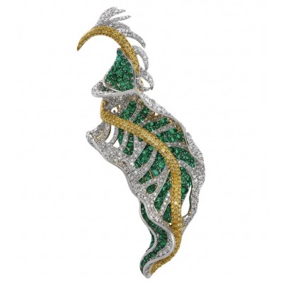 Precious Leaf - 9.5 carat Authentic Colombian Emerald pave 4.2 carat yellow Sapphire .925 Sterling Silver handcrafted Pendant and Brooch