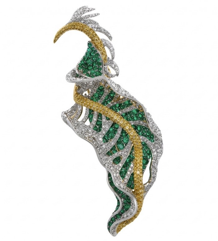 Precious Leaf - 9.5 carat Authentic Colombian Emerald pave 4.2 carat yellow Sapphire .925 Sterling Silver handcrafted Pendant and Brooch