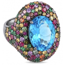 Poseidon 33.8 carat Swiss Blue Topaz Sapphire 18k Gold over .925 Sterling Silver handcrafted Large ring size 7