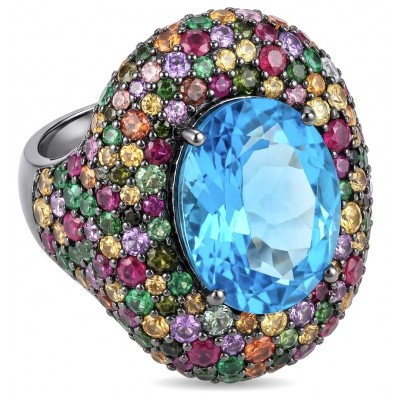 Poseidon 33.8 carat Swiss Blue Topaz Sapphire 18k Gold over .925 Sterling Silver handcrafted Large ring size 7