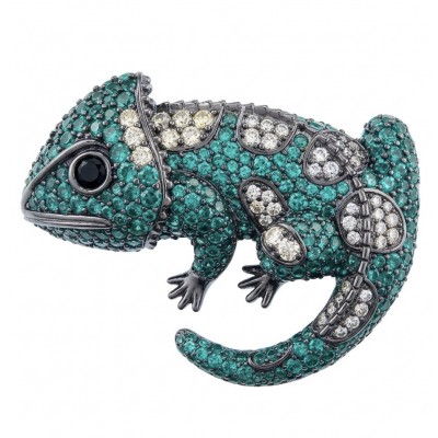 Spectacular - Chameleon Lizard 7.2 carat Tsavorite Garnet black rhodium over .925 Sterling Silver handmade Brooch