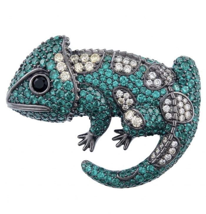 Spectacular - Chameleon Lizard 7.2 carat Tsavorite Garnet black rhodium over .925 Sterling Silver handmade Brooch - video
