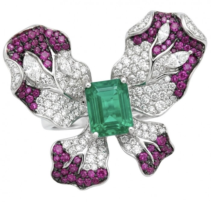 Iconic design - Exclusive Bow- Natural 4.5 carat carved Emerald pave 3.4 carat Ruby rhodium over .925 Sterling Silver handcrafted ring size 6 1/2