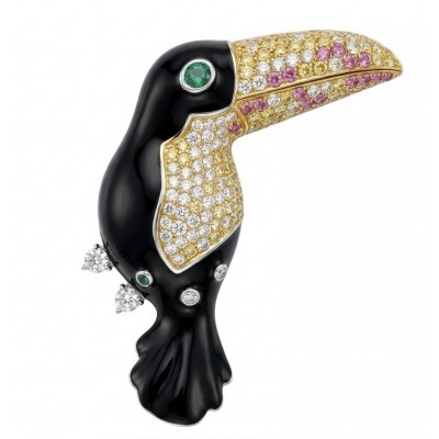 Exotic Toucan - Genuine 2.5 carat pave Ruby Emerald black enamel .925 Sterling Silver dipped in 18k Gold handmade Pendant - Brooch