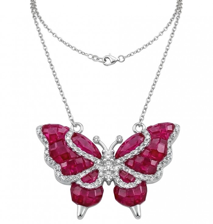Red Butterfly Luxurious MYSTERY SETTING natural 12.5 carat Ruby .925 Sterling Silver handmade Statement necklace