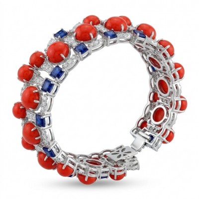Precious 25.8 carat Fossilized Coral 4.2 catat Sapphire rhodium over .925 Sterling Silver handcrafted Statement Bracelet