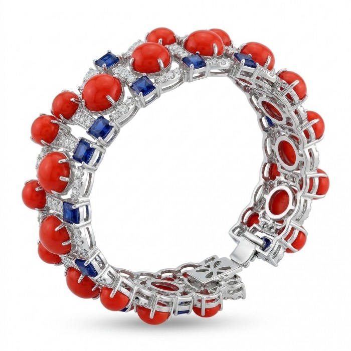 Precious 25.8 carat Fossilized Coral 4.2 catat Sapphire rhodium over .925 Sterling Silver handcrafted Statement Bracelet