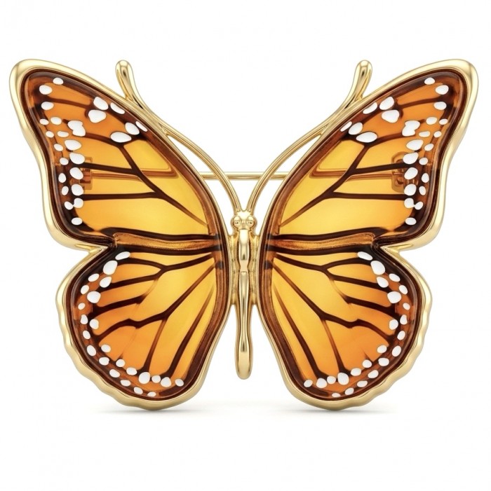 Golden Butterfly Authentic carved Baltic Amber 18K Gold over .925 Sterling Silver handcrafted pendant