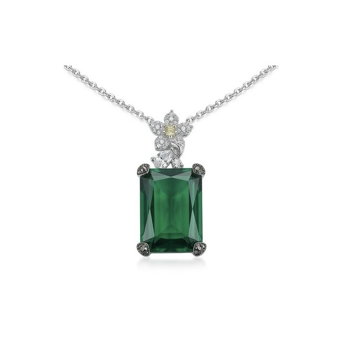 Luxurious emerald cut 14.9 carat Chrome Diopside rhodium over .925 Sterling Silver handmade Necklace