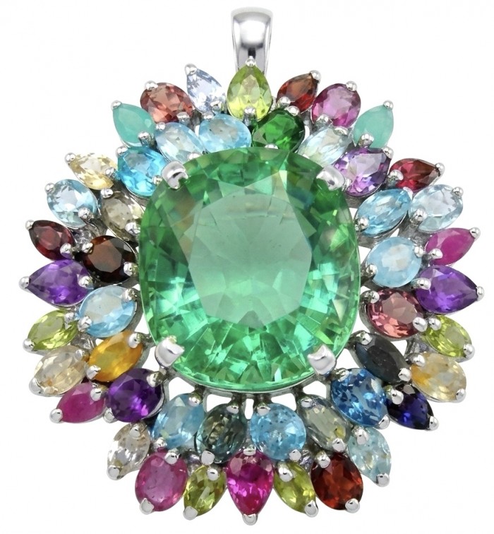 Blooming Spring 38.9 carat authentic Himalayan Peridot rhodium over .925 Sterling Silver handmade Pendant - Brooch