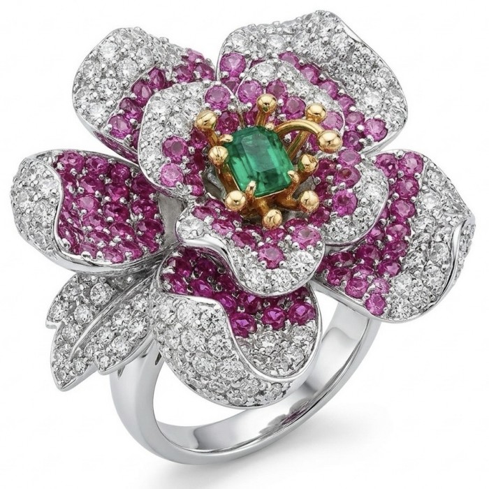 Rose Authentic 1.8 carat Emerald 3.9 carat pave Kasmir Ruby .925 Sterling Silver brilliantly dipped in rhodium 2 tones handcrafted Statement ring; s. 7