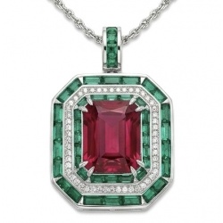 Art Deco 19.4 ctw Ruby Emerald .925 Sterling Silver dippedin rhodium handcrafted Statement necklace