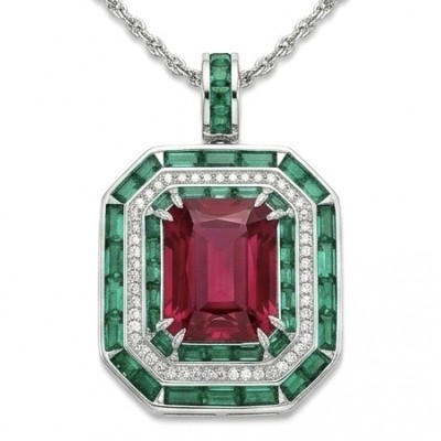 Art Deco 19.4 ctw Ruby Emerald .925 Sterling Silver dippedin rhodium handcrafted Statement necklace