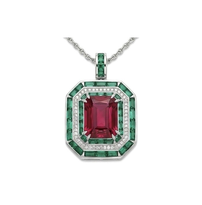 Art Deco 19.4 ctw Ruby Emerald .925 Sterling Silver dippedin rhodium handcrafted Statement necklace