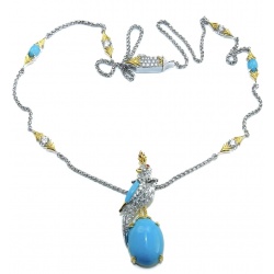 Precious Bird on a Rock 14.4 carat Sleeping Beauty Turquoise 18K Gold over .925 Sterling Silver Necklace; 18 inches long
