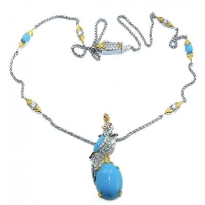 Precious Bird on a Rock 14.4 carat Sleeping Beauty Turquoise 18K Gold over .925 Sterling Silver Necklace; 18 inches long