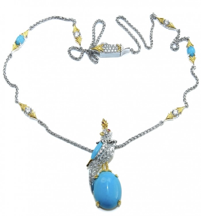 Precious Bird on a Rock 14.4 carat Sleeping Beauty Turquoise 18K Gold over .925 Sterling Silver Necklace; 18 inches long