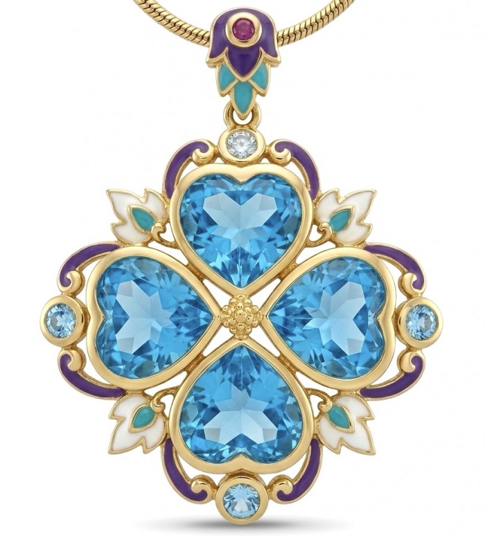 Countless Blessings Genuine 28.5 carat Authentic Swiss Blue Topaz real enamel 22K Gold over .925 Sterling Silver handmade Pendant