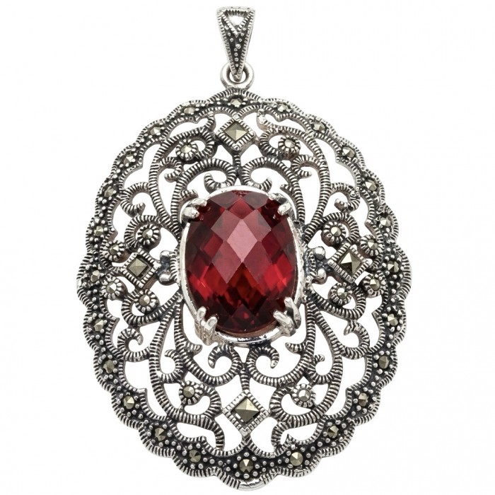 Vintage Style - Precious - Genuine 14.5 carat Ruby Marcasite Rhodium over .925 Sterling Silver handmade Pendant