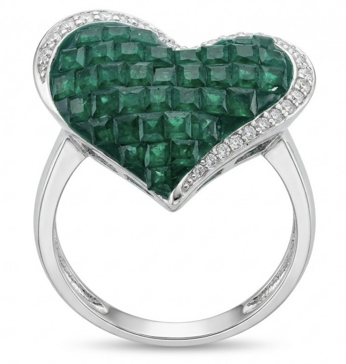 Heart Authentic MYSTIC SETTING 10.2 carat Colombian Emerald .925 Sterling Silver handcrafted Ring size 8