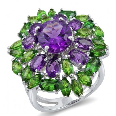 Rosaria Genuine 12.7 carat Brazilian Amethyst rhodium over .925 Sterling Silver handcrafted Statement Ring size 7 3/4