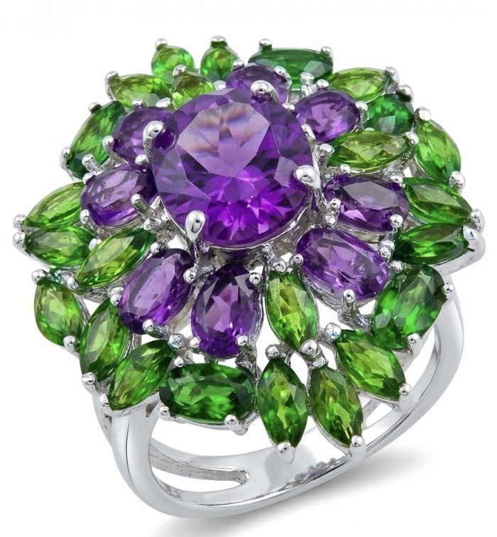 Rosaria Genuine 12.7 carat Brazilian Amethyst rhodium over .925 Sterling Silver handcrafted Statement Ring size 7 3/4