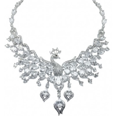 55.2 carat Graceful Swan Natural White Topaz rhodium over .925 Sterling Silver handcrafted Statement necklace