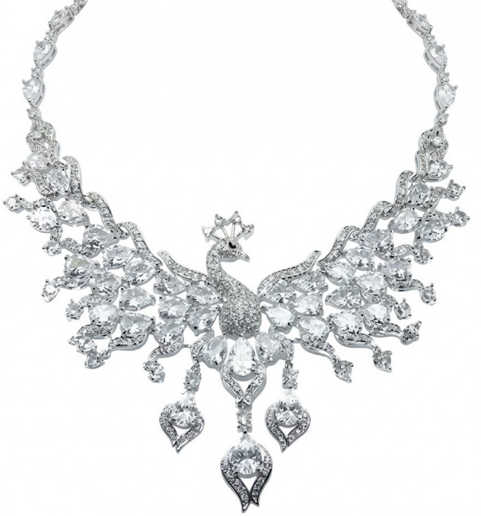 55.2 carat Graceful Swan Natural White Topaz rhodium over .925 Sterling Silver handcrafted Statement necklace