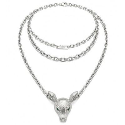 Deer'S Head 0.7 carat Emerald .925 Sterling Silver handmade Statement necklace