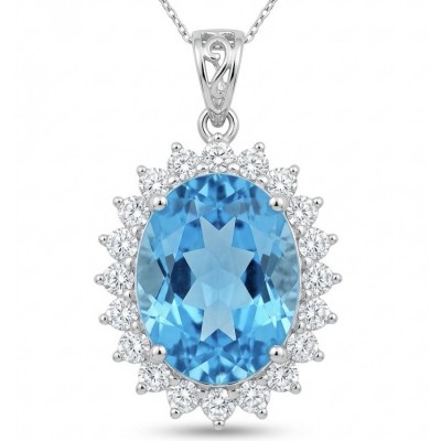 Tiffany Incredible oval cut 12.4 carat Swiss Blue Topaz rhodium over .925 Sterling Silver handcrafted pendant