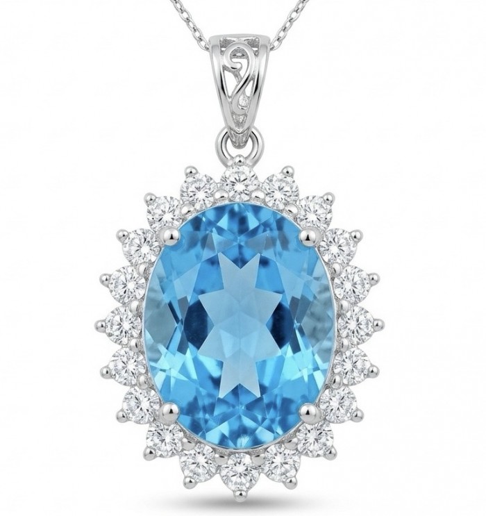 Tiffany Incredible oval cut 12.4 carat Swiss Blue Topaz rhodium over .925 Sterling Silver handcrafted pendant