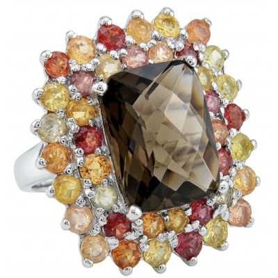 Serenity 16.5 carat Champagne Smoky Topaz Sapphire rhodium over .925 Sterling Silver handcrafted Ring size 6