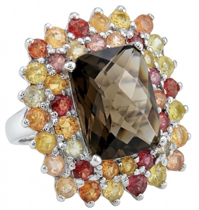 Serenity 16.5 carat Champagne Smoky Topaz Sapphire rhodium over .925 Sterling Silver handcrafted Ring size 6
